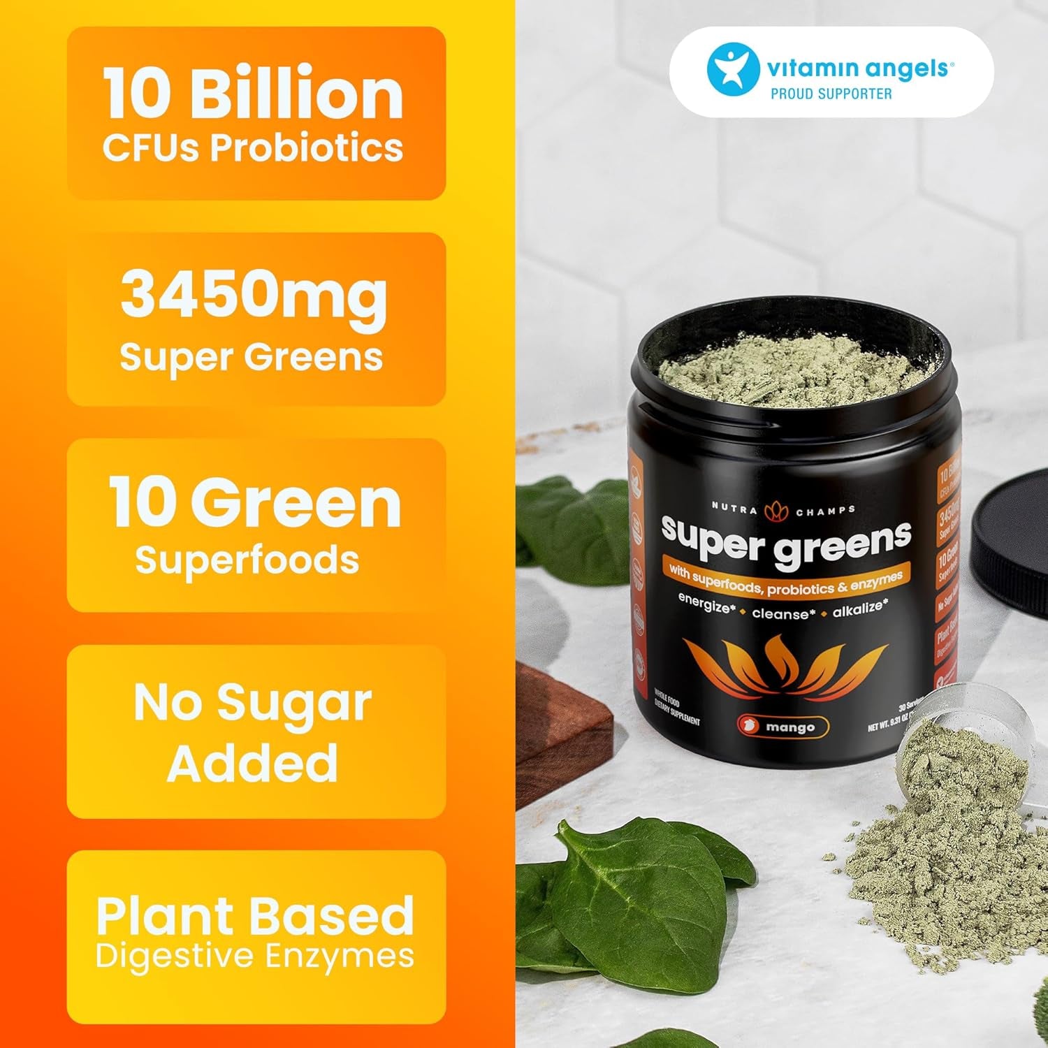 NutraChamps Super Greens Powder | Mango Flavor– 249g, 30 Servings | 40+ Nutrients & Probiotics