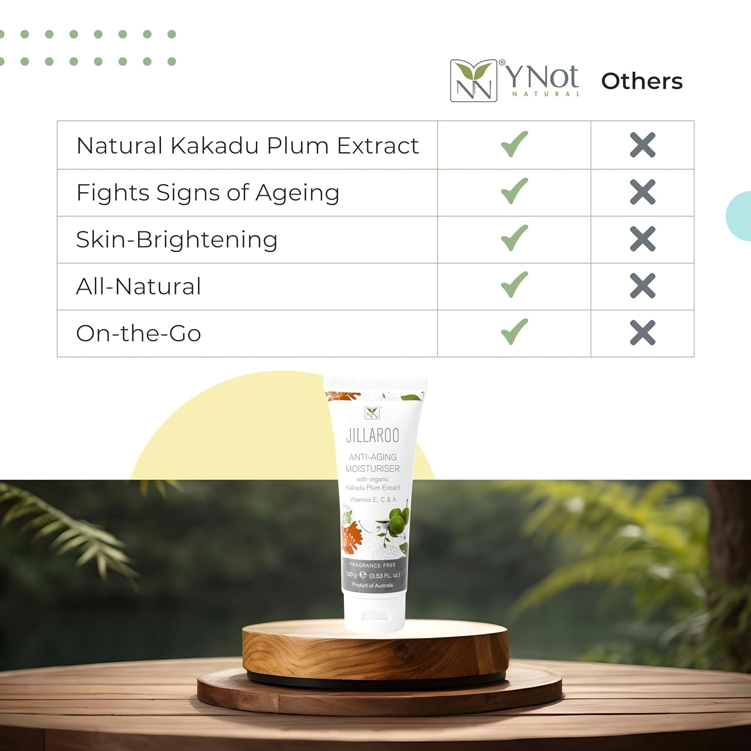 Jillaroo Natural Face Moisturizer for Men & Women with Kakadu Plum, Vitamin A, C, E, Minerals, & Antioxidants - 100G Face Moisturizer for Dry Skin by Y-Not Natural