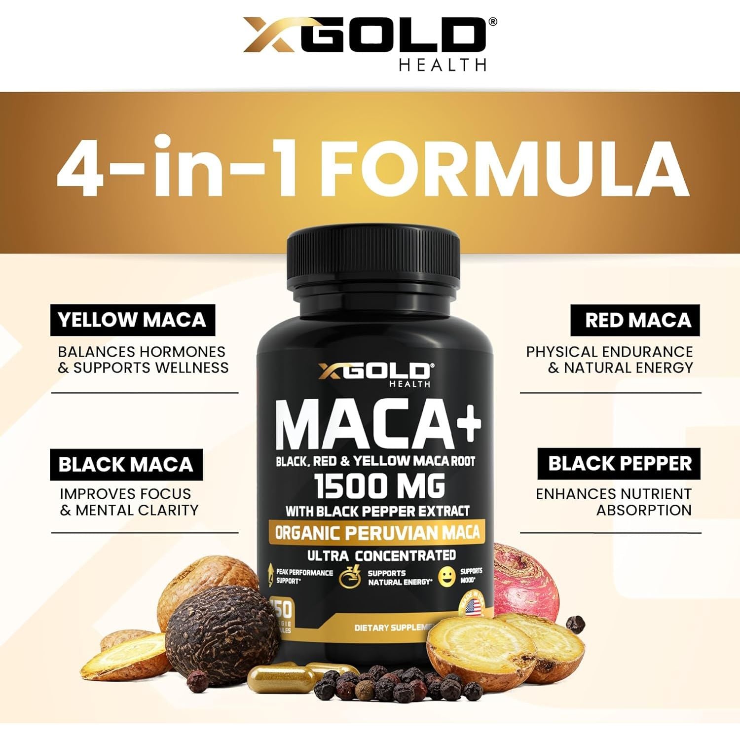 X Gold Health Organic Maca Root Powder Capsules 1500Mg with Black | Red & Yellow Peruvian Maca Root Extract Gelatinized, Energy & Mood Supplement for Men & Women + Black Pepper for Best Benefits