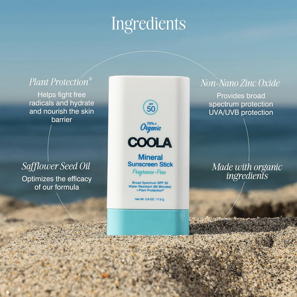 COOLA Mineral Sunscreen Stick SPF 50 Fragrance-Free – 17g | Sheer, Reef-Safe Sun Protection for Sensitive Skin