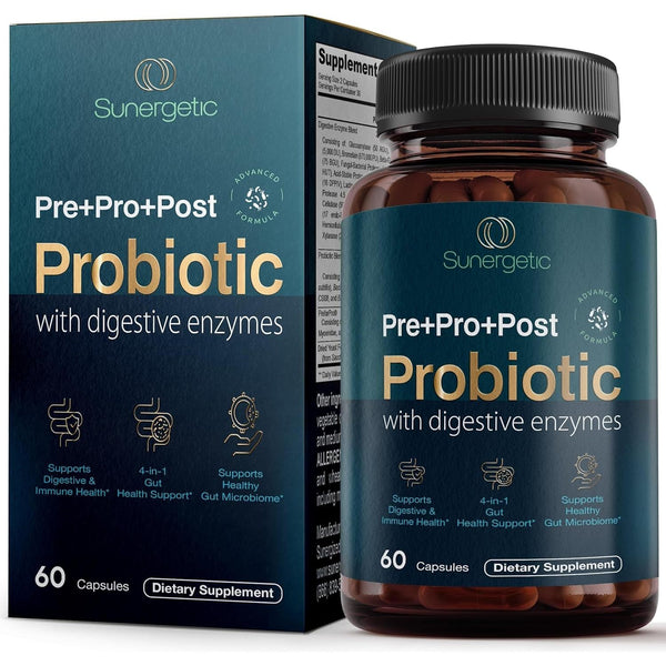 Sunergetic Pre+Pro+Post Probiotic with Digestive Enzymes – 60 Capsules | 4-in-1 Gut & Digestive Health Support