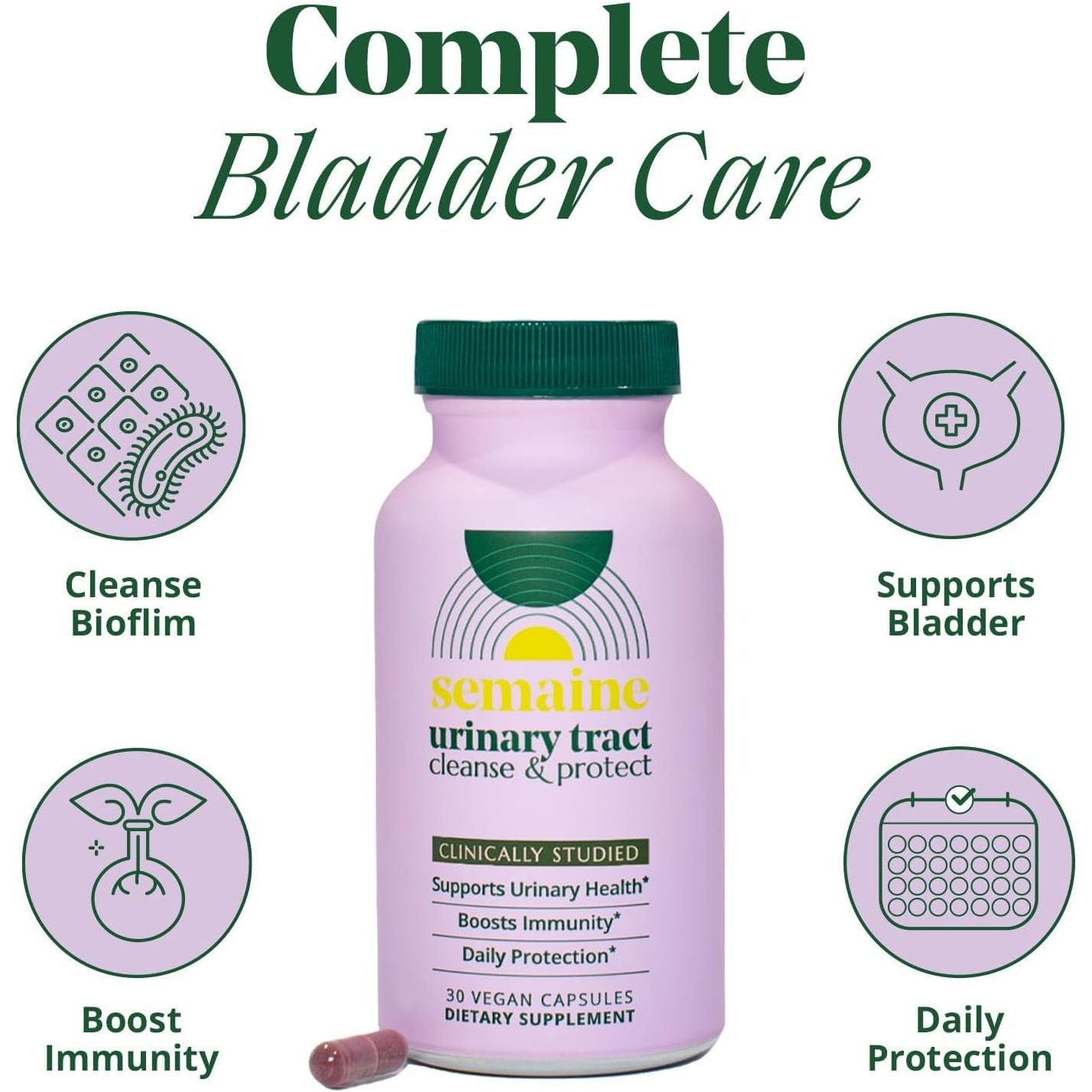 Semaine Urinary Tract Cleanse & Protect – 30 Capsules | Fast-Acting UTI Support with Cranberry & Hibiscus