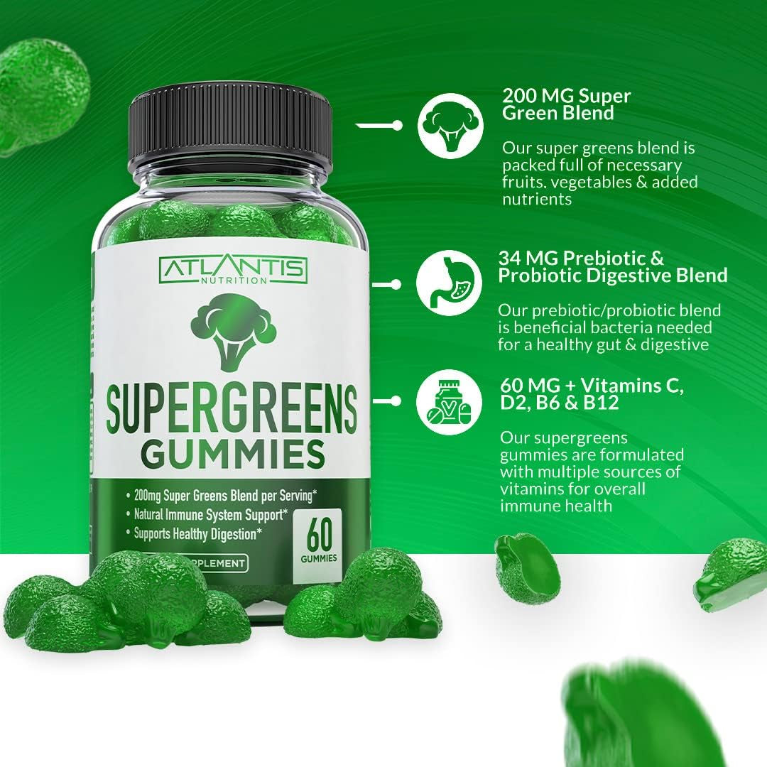 Atlantis Nutrition Supergreens Gummies – 60 Gummies | Immune Support, Gut Health & Superfood Nutrition