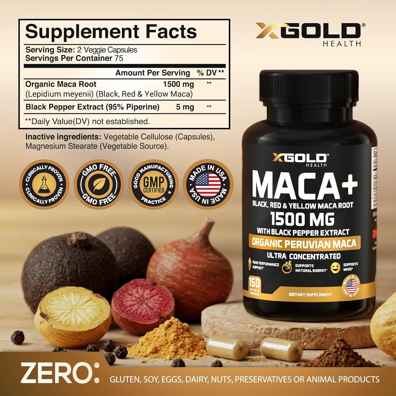 X Gold Health Organic Maca Root Powder Capsules 1500Mg with Black | Red & Yellow Peruvian Maca Root Extract Gelatinized, Energy & Mood Supplement for Men & Women + Black Pepper for Best Benefits