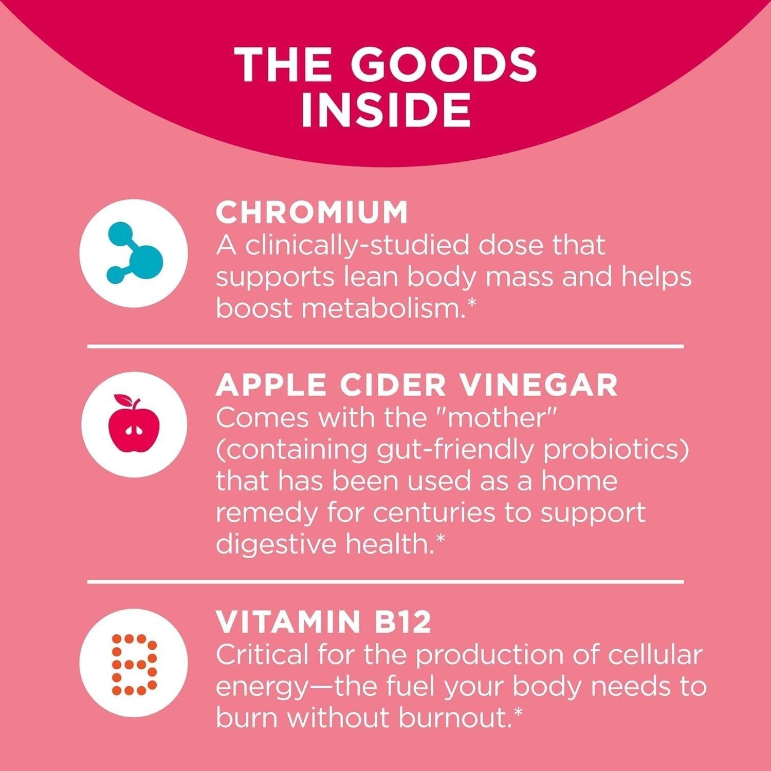 Metabolism Gummy Rings, Apple Cider Vinegar, Vitamin B12, Chromium, Energy and Digestive Health, Chewable Supplement, Apple Flavor - 30 Count