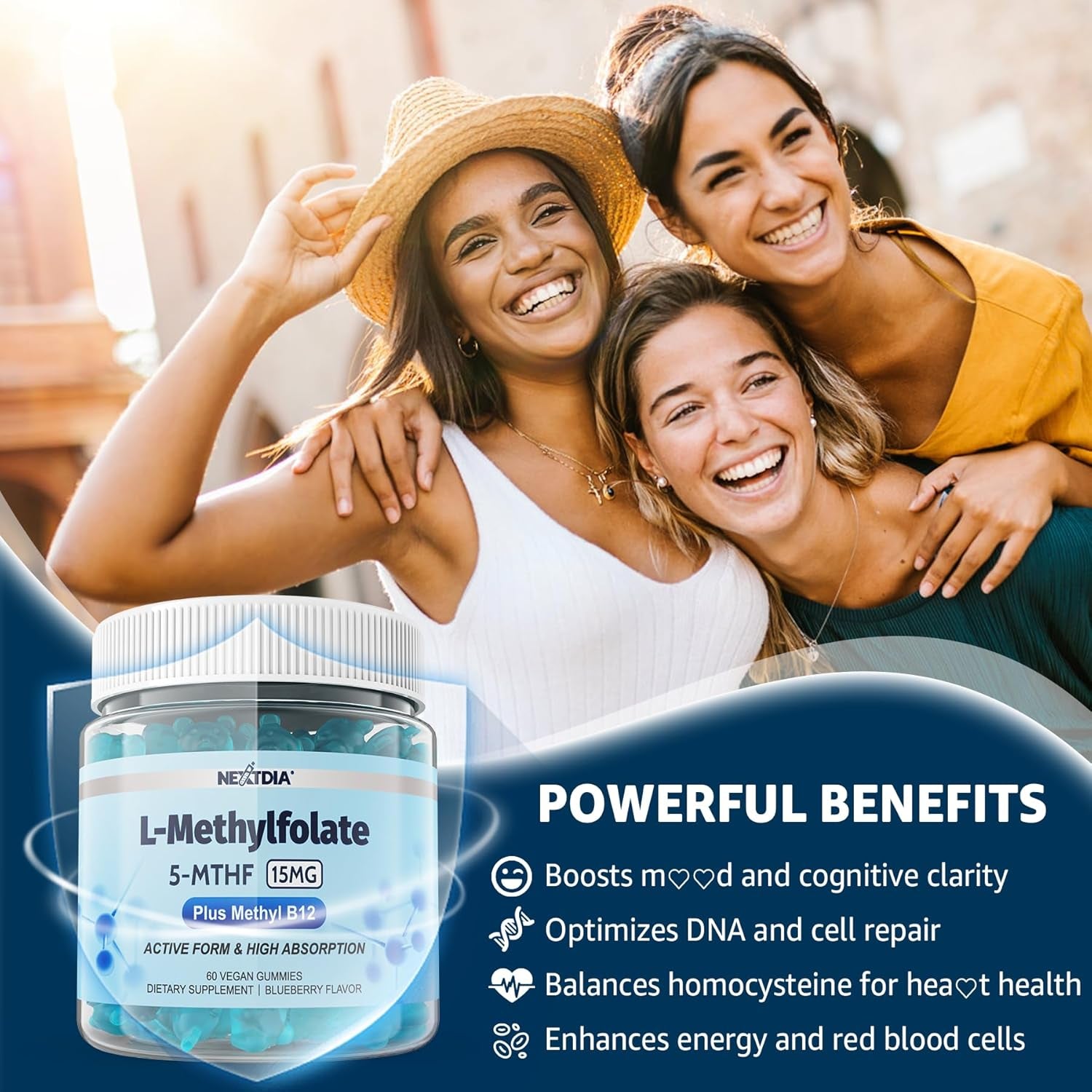 Nextdia L-Methylfolate 5-MTHF Gummies – 60 Sugar-Free Vegan Gummies | Active Folate + Methylated B Vitamins for Energy, Mood & Focus