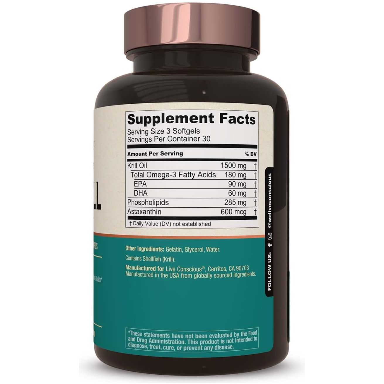 Live Conscious KRILLWELL – 90 Softgels | Omega-3 Krill Oil with EPA, DHA & Astaxanthin for Brain, Joint & Heart Health