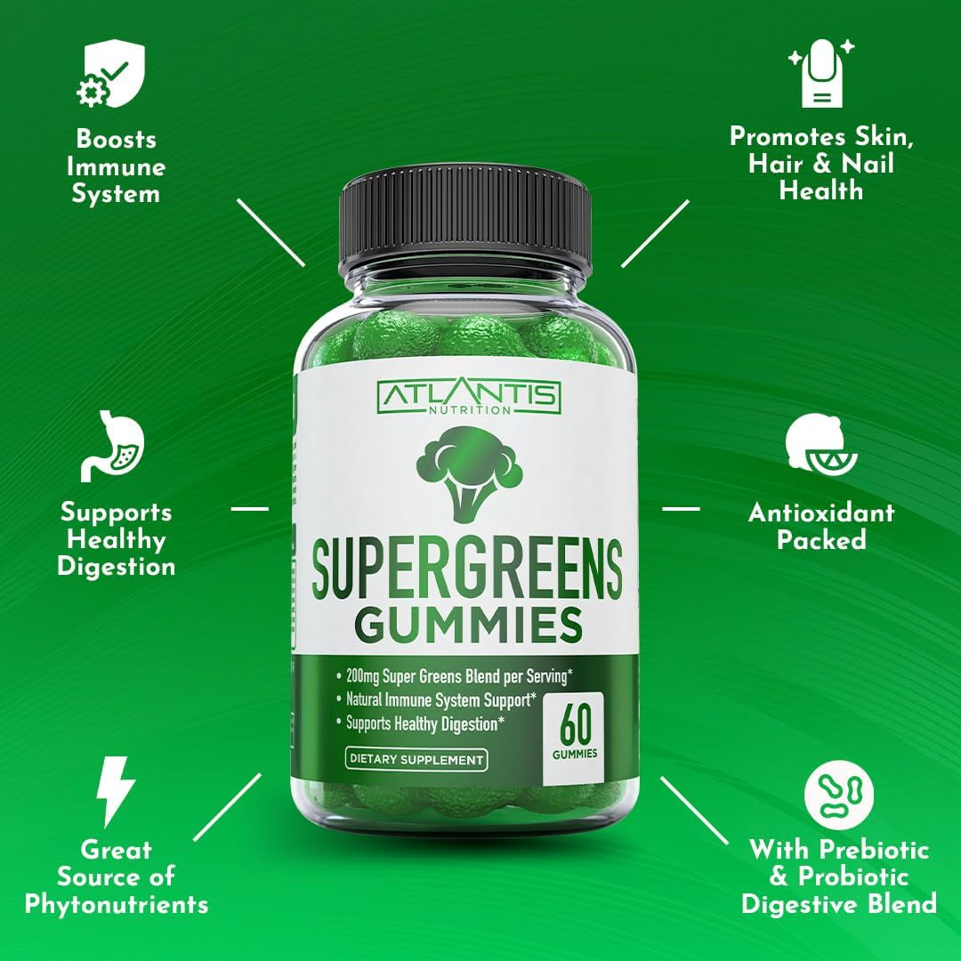 Atlantis Nutrition Supergreens Gummies – 60 Gummies | Immune Support, Gut Health & Superfood Nutrition