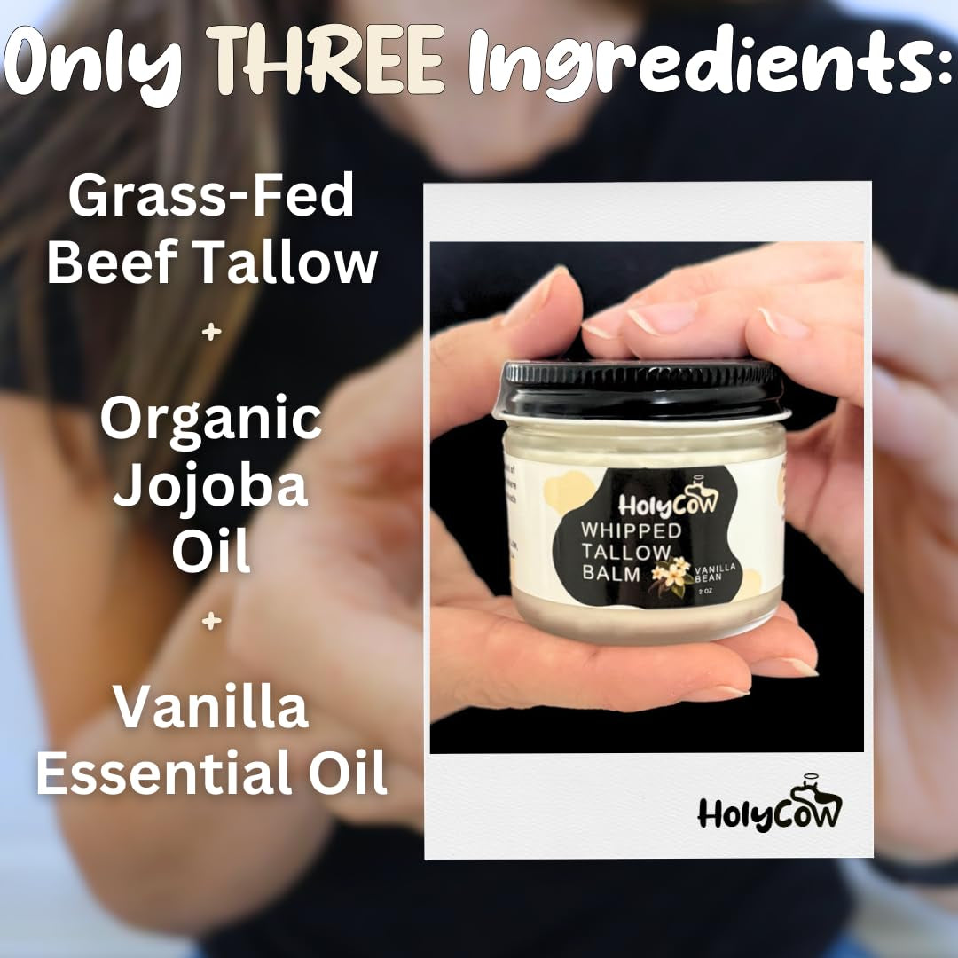 HolyCow Whipped Tallow Balm – 56.7g | Vanilla Bean Scent | Nourishing Ancestral Skincare for Face & Body