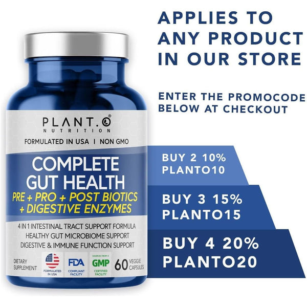 PLANT.O NUTRITION Complete Gut Health – 60 Capsules | 4-in-1 Digestive & Gut Support