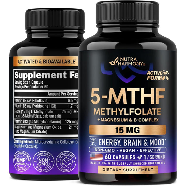 NUTRAHARMONY 5-MTHF Methylfolate Supplement – 60 Capsules | High-Potency Active B9 with B2, B6, B12 & Magnesium