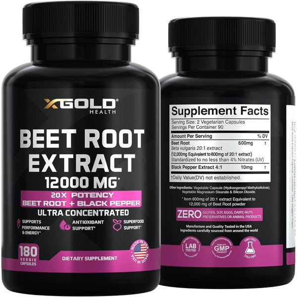 X Gold Health Beet Root Extract 12000mg – 180 Capsules | High-Potency Nitric Oxide Booster for Energy, Endurance & Circulation