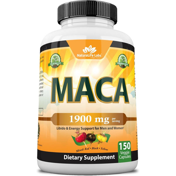 NatureLife Labs Organic Maca Root – Black, Red & Yellow – 1900 Mg per Serving – 150 Capsules – Gelatinized Peruvian Maca – Non-Gmo, Gluten-Free, Vegan