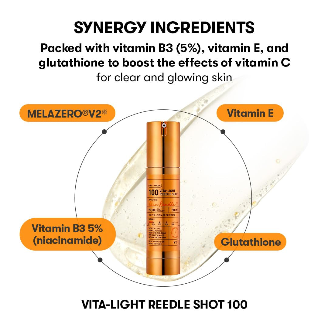 Vita-Light Reedle Shot 100 Serum with Vitamin C Capsules & Vitamin E Microneedling Formula, Korean Skin Booster, 1.69 Fl Oz(50Ml)