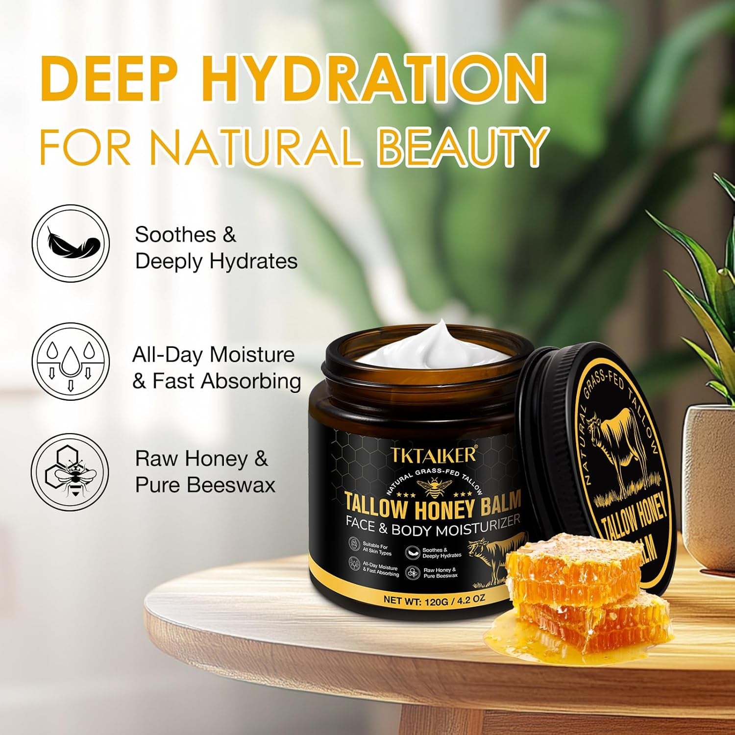 TKTALKER Tallow Honey Balm – 120g | Unscented | Ultra-Nourishing Face & Body Moisturizer with Grass-Fed Beef Tallow & Raw Honey