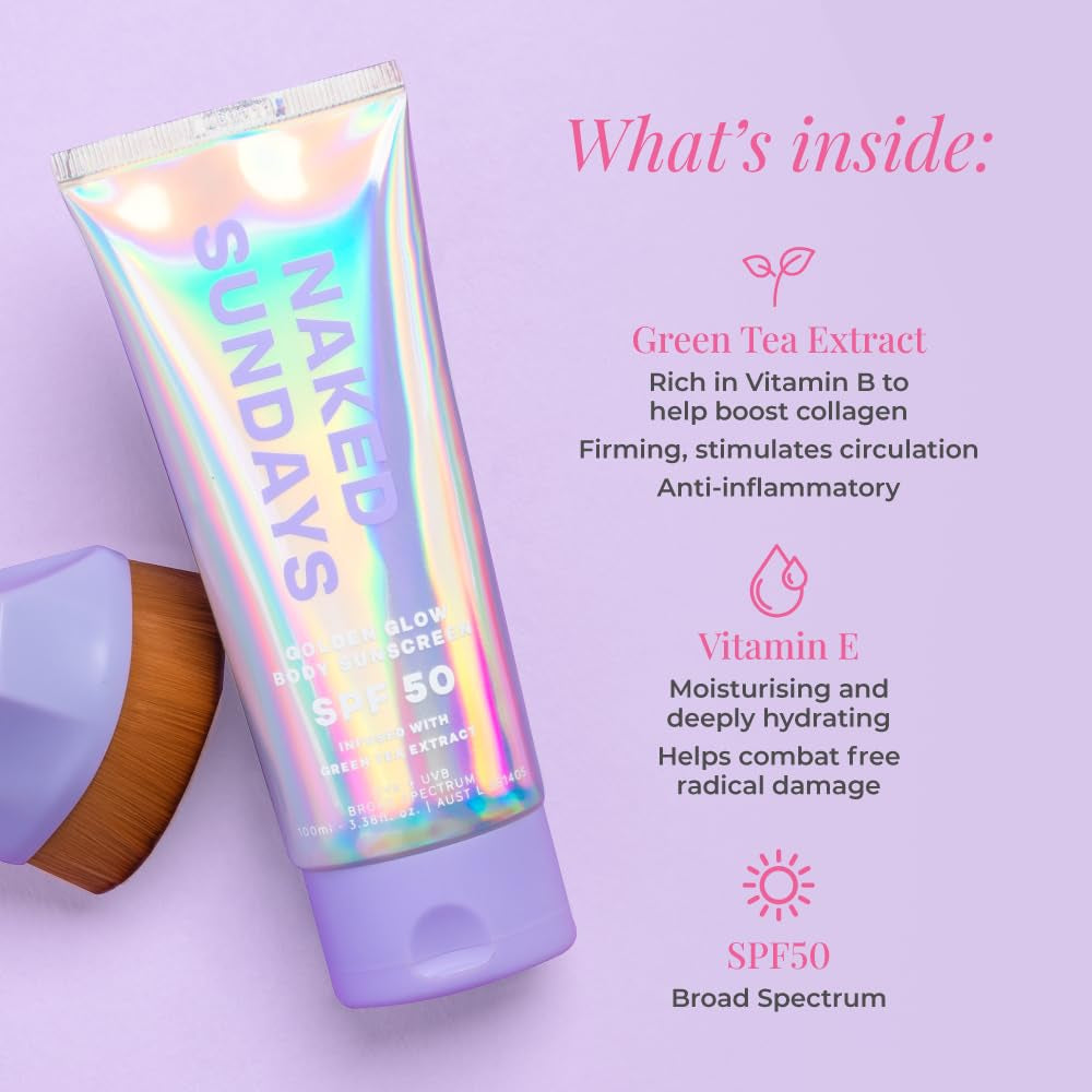 Naked Sundays Golden Glow Body Sunscreen SPF50 – 100ml | Radiant, Firming & Fragrance-Free Sun Protection
