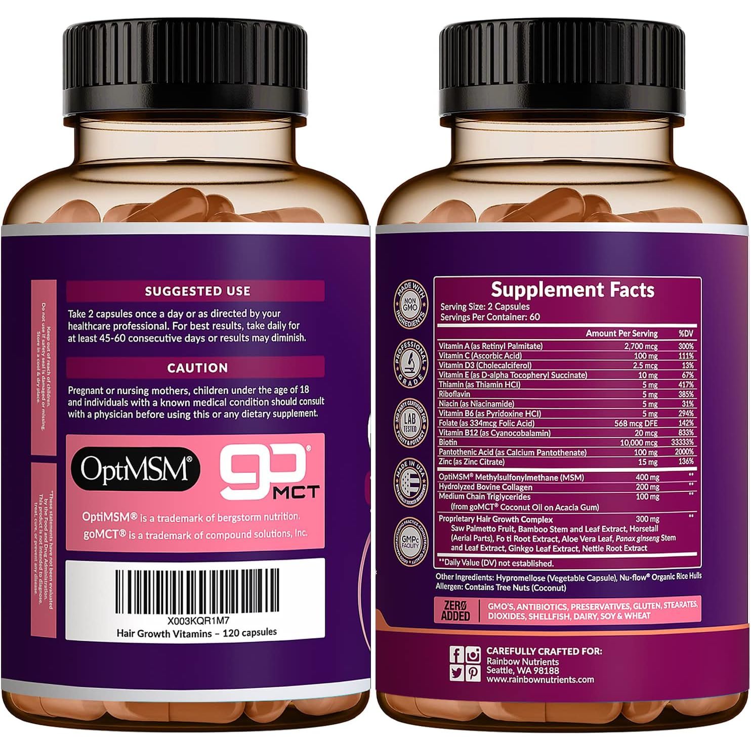 Rainbow Nutrients Hair Growth Supplement – 120 Capsules | Biotin, Collagen & OptiMSM for Healthy Hair, Skin & Nails