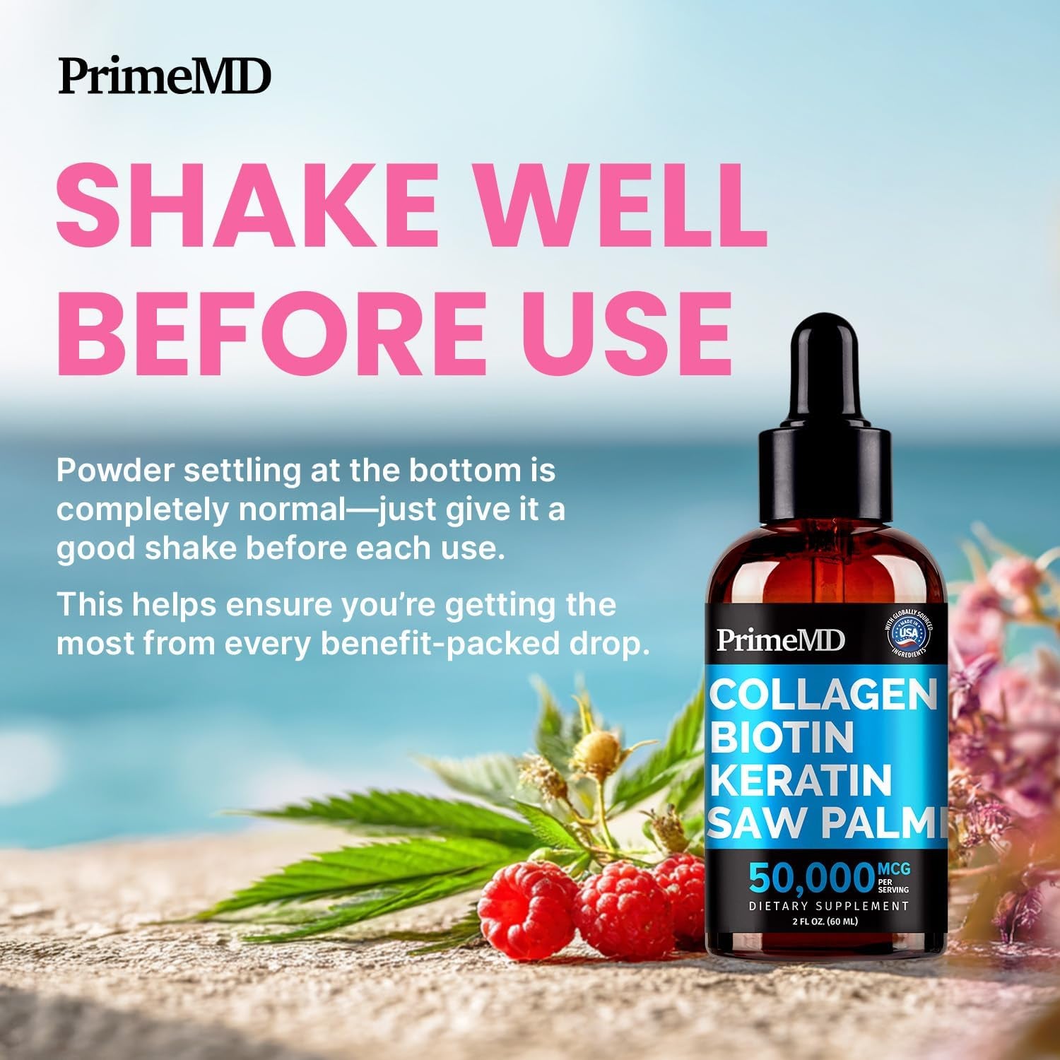PrimeMD Collagen Biotin Keratin Saw Palmetto Dietary Supplement – 60ml | Liquid Beauty Boost for Hair, Skin & Nails