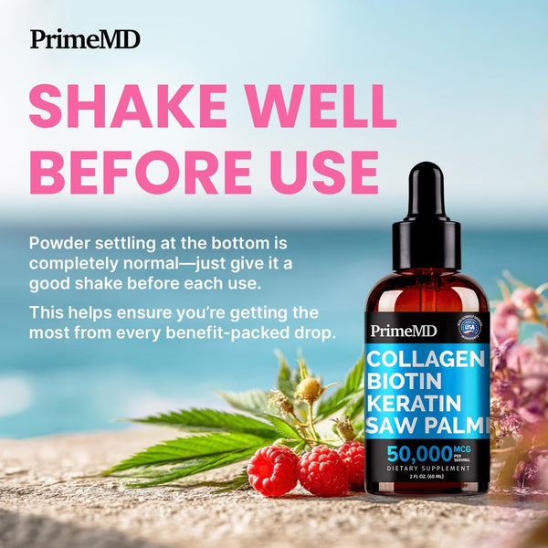 PrimeMD Collagen Biotin Keratin Saw Palmetto Dietary Supplement – 60ml | Liquid Beauty Boost for Hair, Skin & Nails