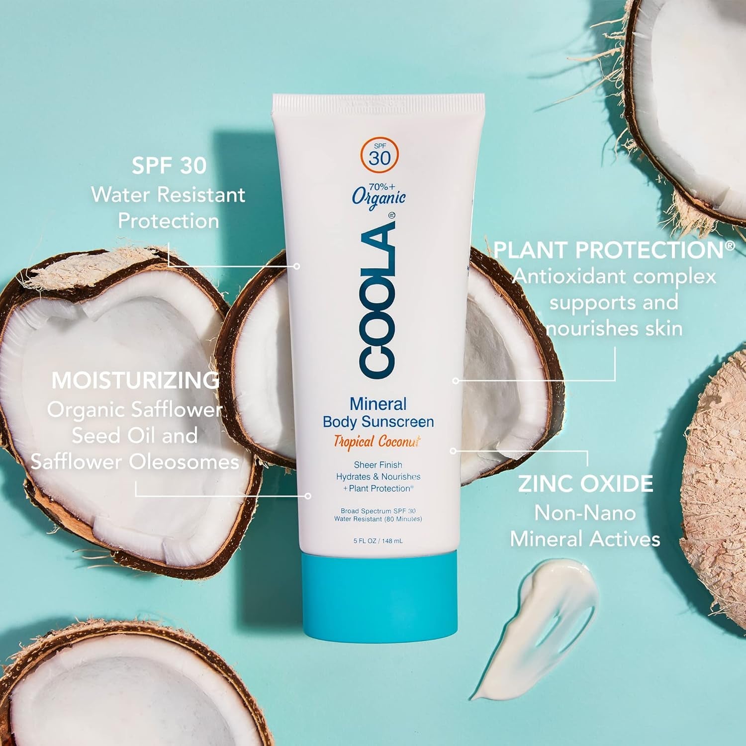 COOLA Mineral Sunscreen SPF 30 – 148ml Tropical Coconut | Reef-Friendly, Sheer Zinc-Based Protection