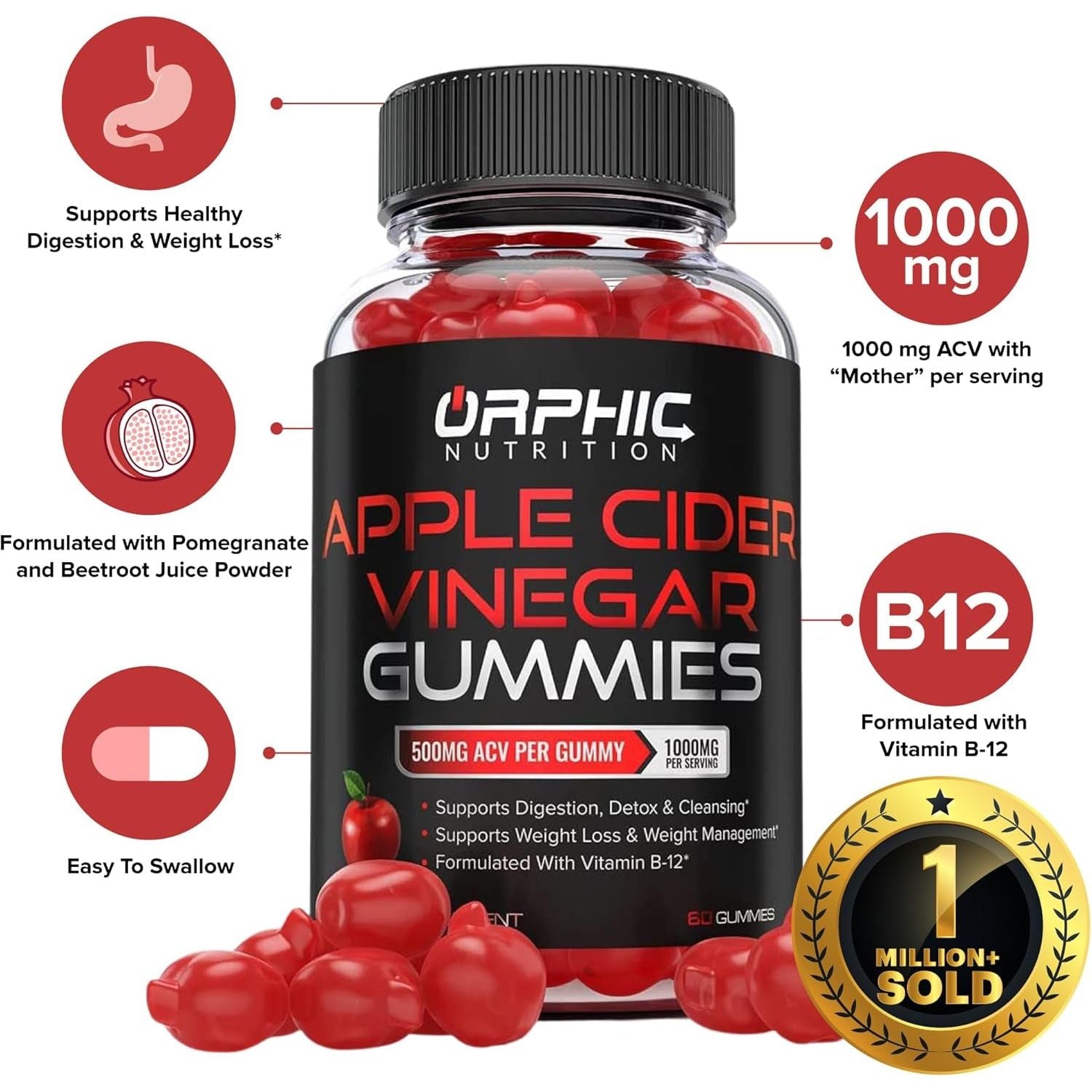 ORPHIC NUTRITION Apple Cider Vinegar Gummies – 120 Gummies | 1000mg ACV with Vitamin B12 for Digestion, Energy & Weight Support
