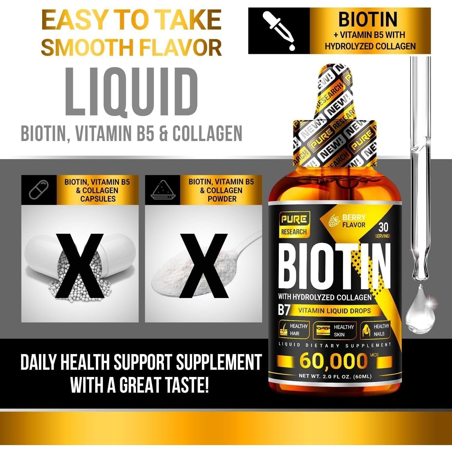 Liquid Biotin & Collagen Hair Growth Drops 60,000Mcg - Biotin and Liquid Collagen Supplement for Men & Women - Glowing Skin Support, Healthy Hair & Nail Growth - 2Oz