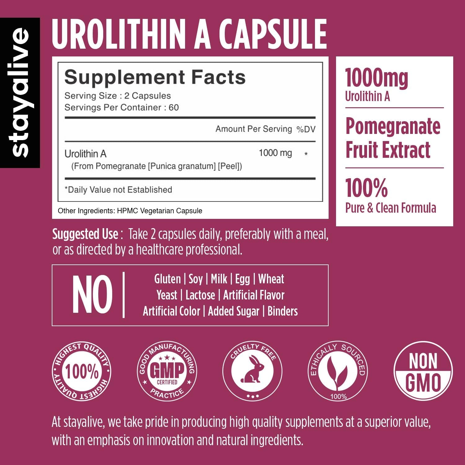 STAY ALIVE Urolithin A From Pomegranate Extract - 120 Capsules