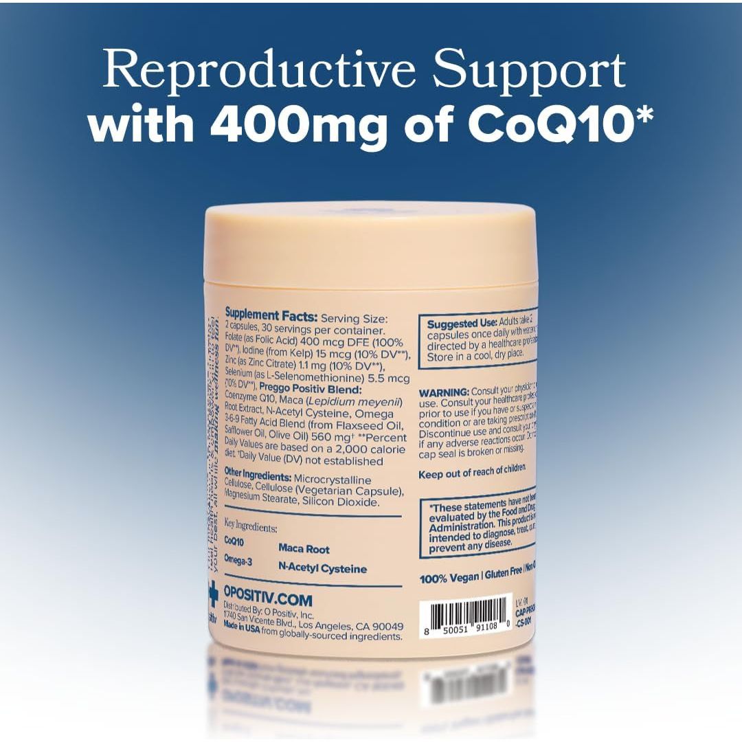O Positiv Preggo Conception Support – 60 Capsules | OBGYN-Formulated Fertility Support with CoQ10, NAC, Folic Acid & Vegan Omega-3