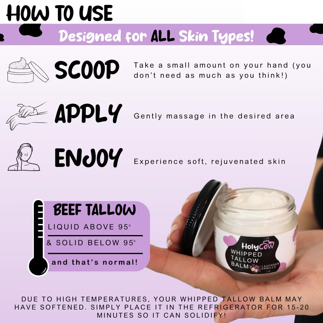 HolyCow Whipped Tallow Balm – 56.7g | Lavender Vanilla Scent | Nourishing Ancestral Skincare for Face & Body