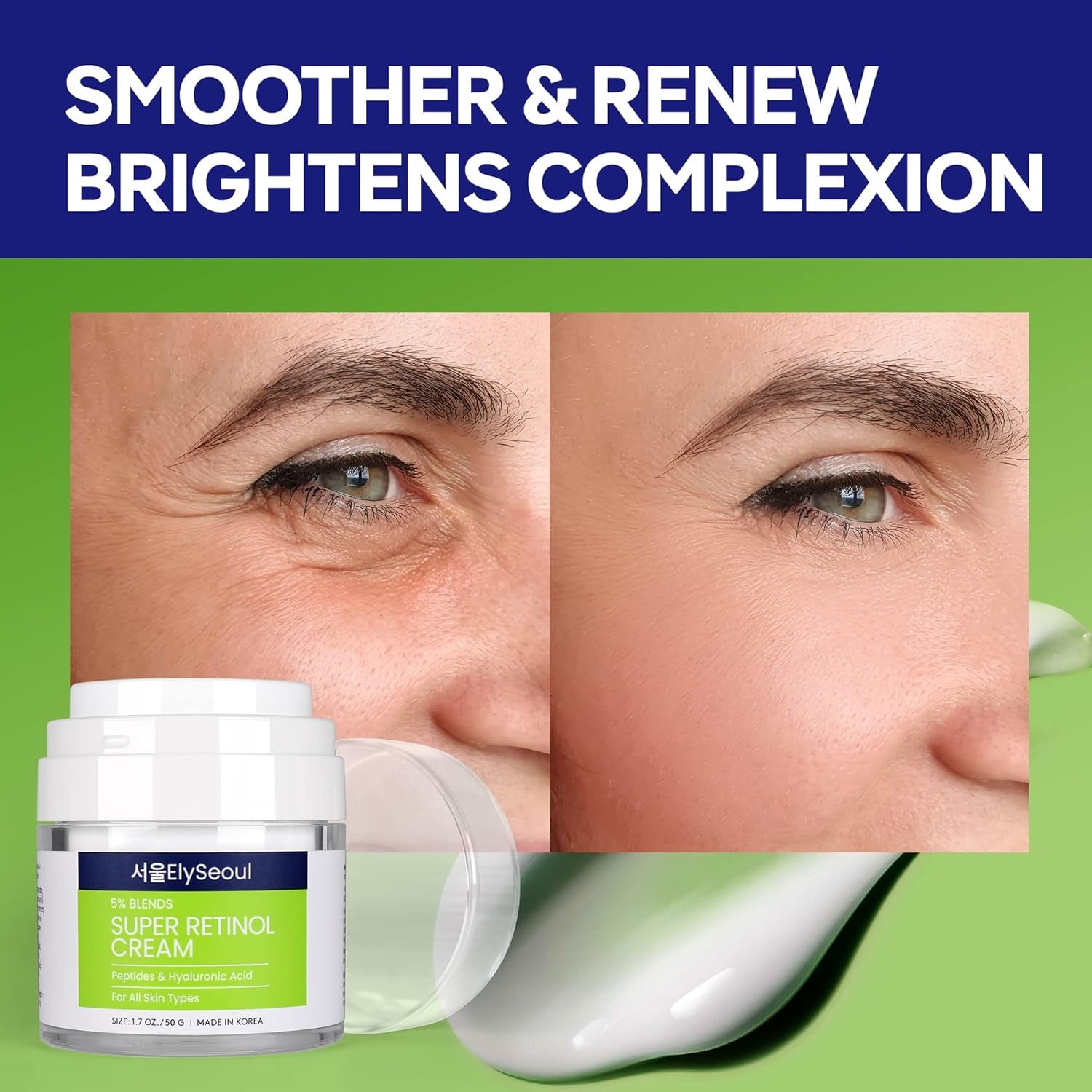 Retinol Cream for Face Korean Skincare: Anti-Aging Collagen Peptides & Hyaluronic Acid Face Cream for Women, 1.7 Oz.