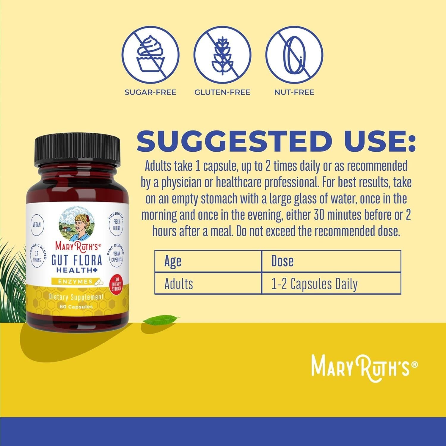 MaryRuth Organics Gut Flora Health+ Enzymes – 60 Capsules | Probiotic, Prebiotic & Enzyme Blend for Digestive Support