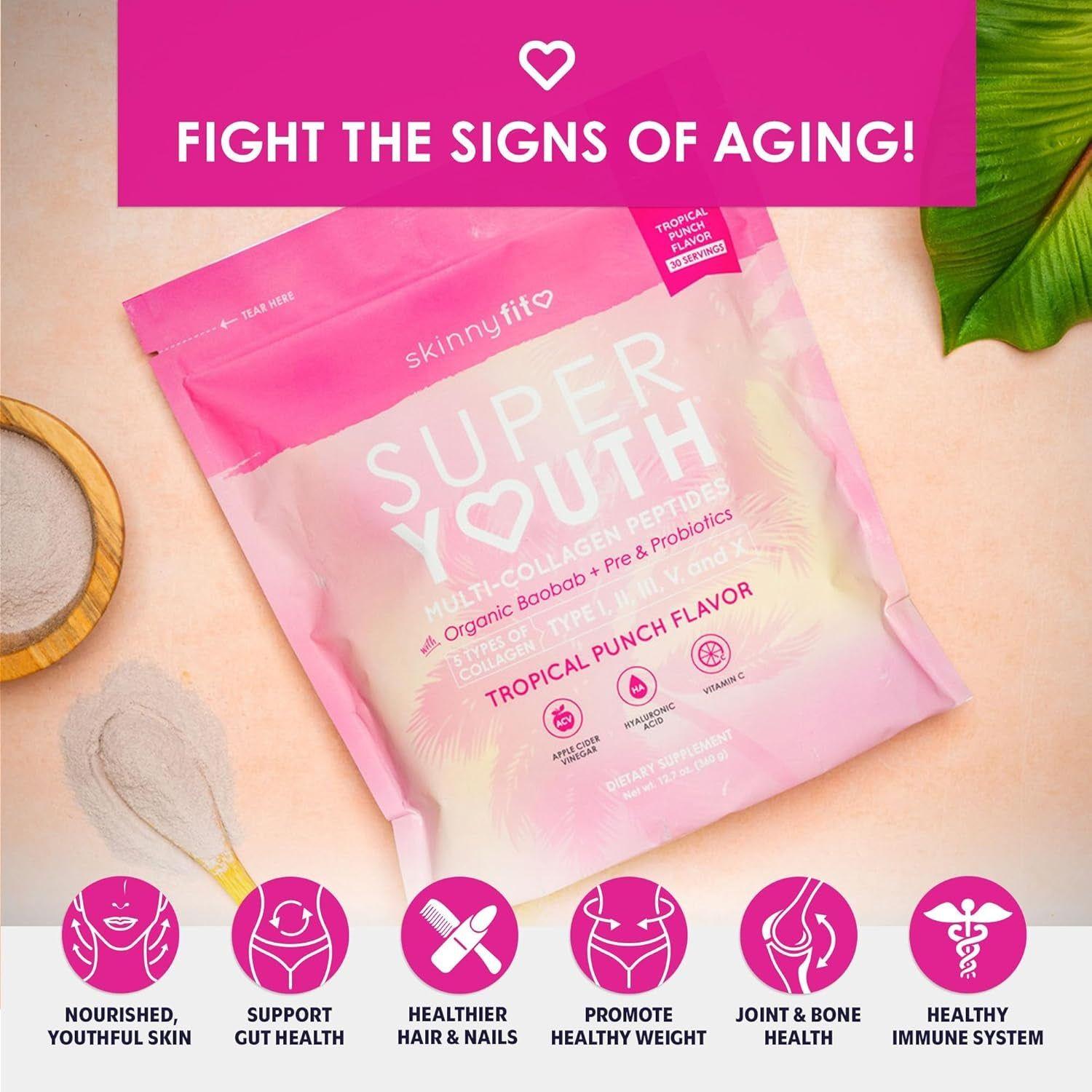 SkinnyFit Super Youth Multi-Collagen Peptides – Tropical Punch Flavor (313g) | 5 Collagen Types + Probiotics for Beauty & Wellness