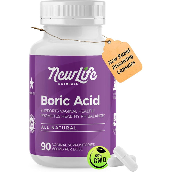 NewLife Naturals- Medical Grade Boric Acid Vaginal Suppositories - 600Mg - 100% Pure Womens Ph Balance Pills - Yeast Infection, BV - 90 Capsules: Made in USA