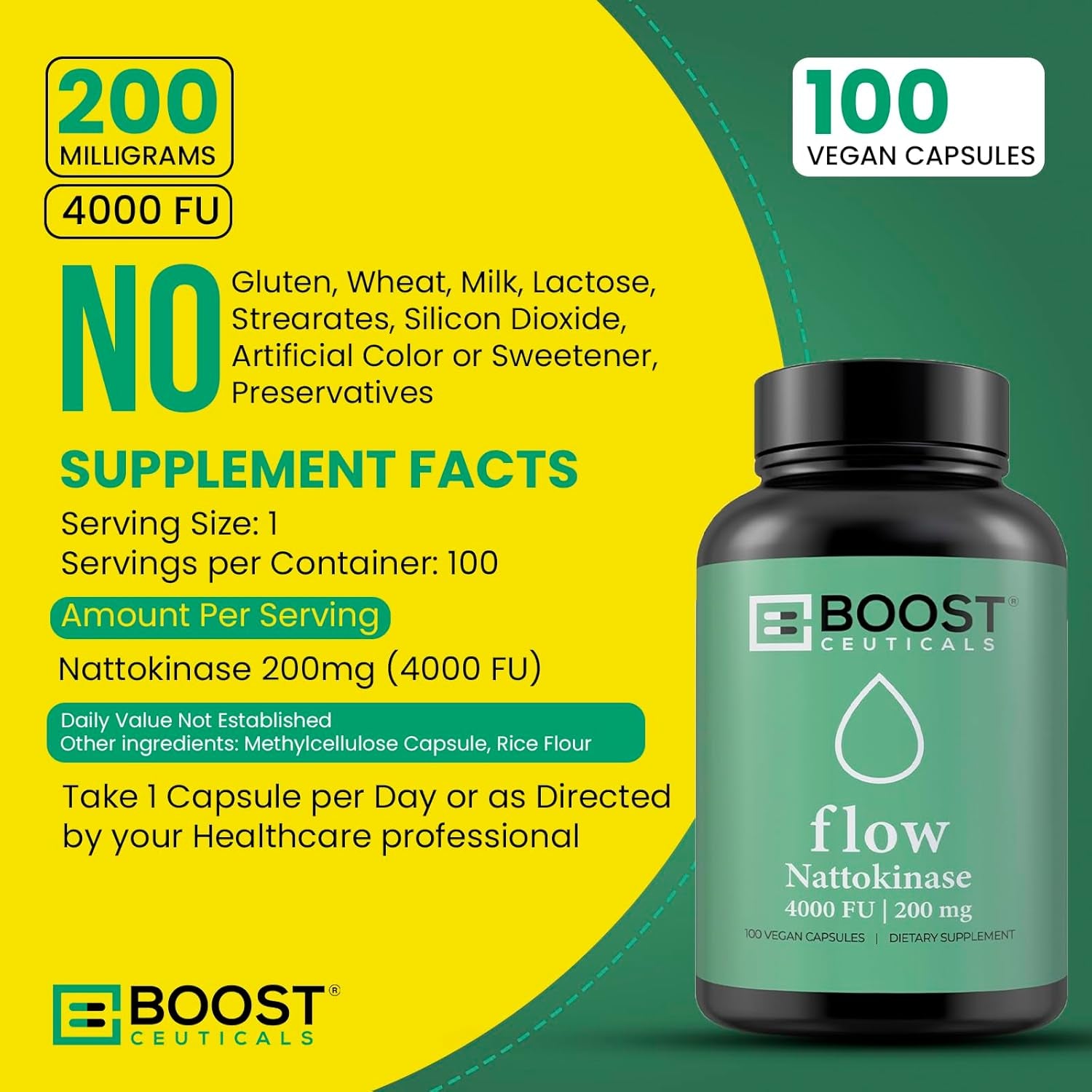 BoostCeuticals Flow Nattokinase 4000FU | 200mg – 100 Vegan Capsules | Heart, Circulation & Blood Flow Support