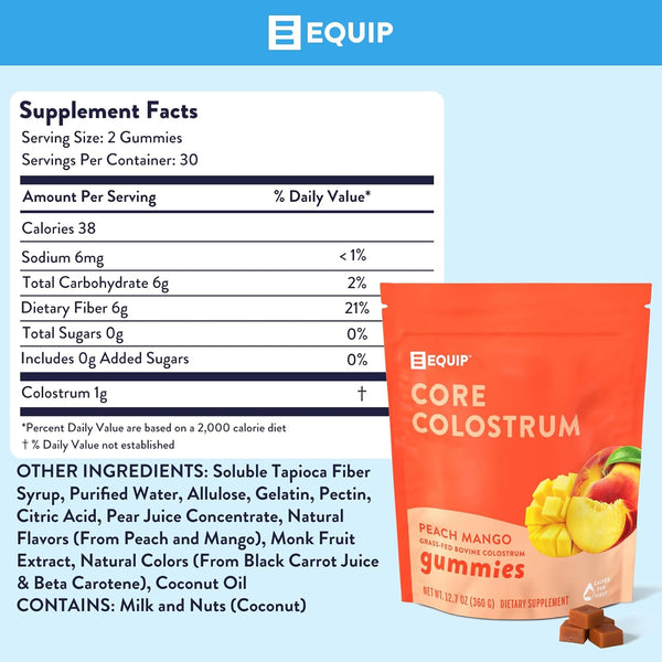 Foods Core Colostrum Gummies | Delicious and Convenient | 1G Ultra-Premium Grass Fed Colostrum per Serving | Gut Health, Immunity, Hair and Skin | 60 Gummies, 30 Servings, Peach Mango