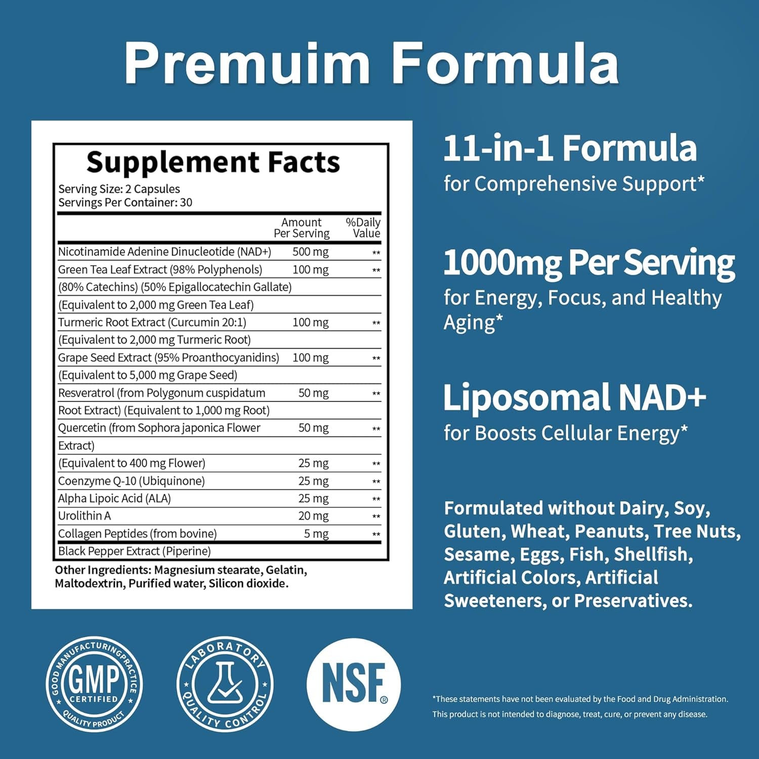 NAD Supplement 11-In-1 Extra Strength – Liposomal NAD with Resveratrol, Coq10, Urolithin A, ALA & Turmeric – Supports Anti-Aging, Cellular Repair, Energy & Focus – for Women & Men – 60 Capsules