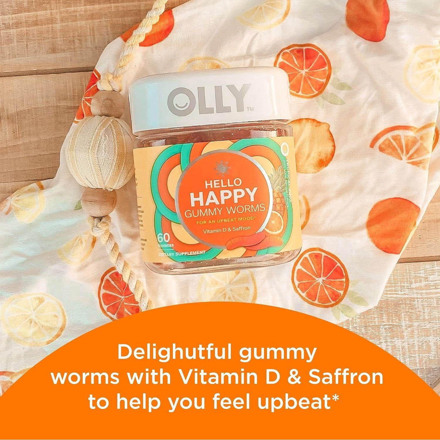 Hello Happy Gummy Worms, Mood Balance Support, Vitamin D, Saffron, Adult Chewable Supplement, Tropical Zing - 60 Count