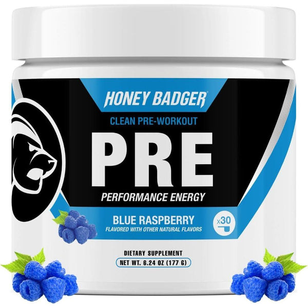 Honey Badger Clean Pre-Workout (Blue Raspberry Flavor) – 177g | Zero-Crash Energy, Focus & Performance Fuel