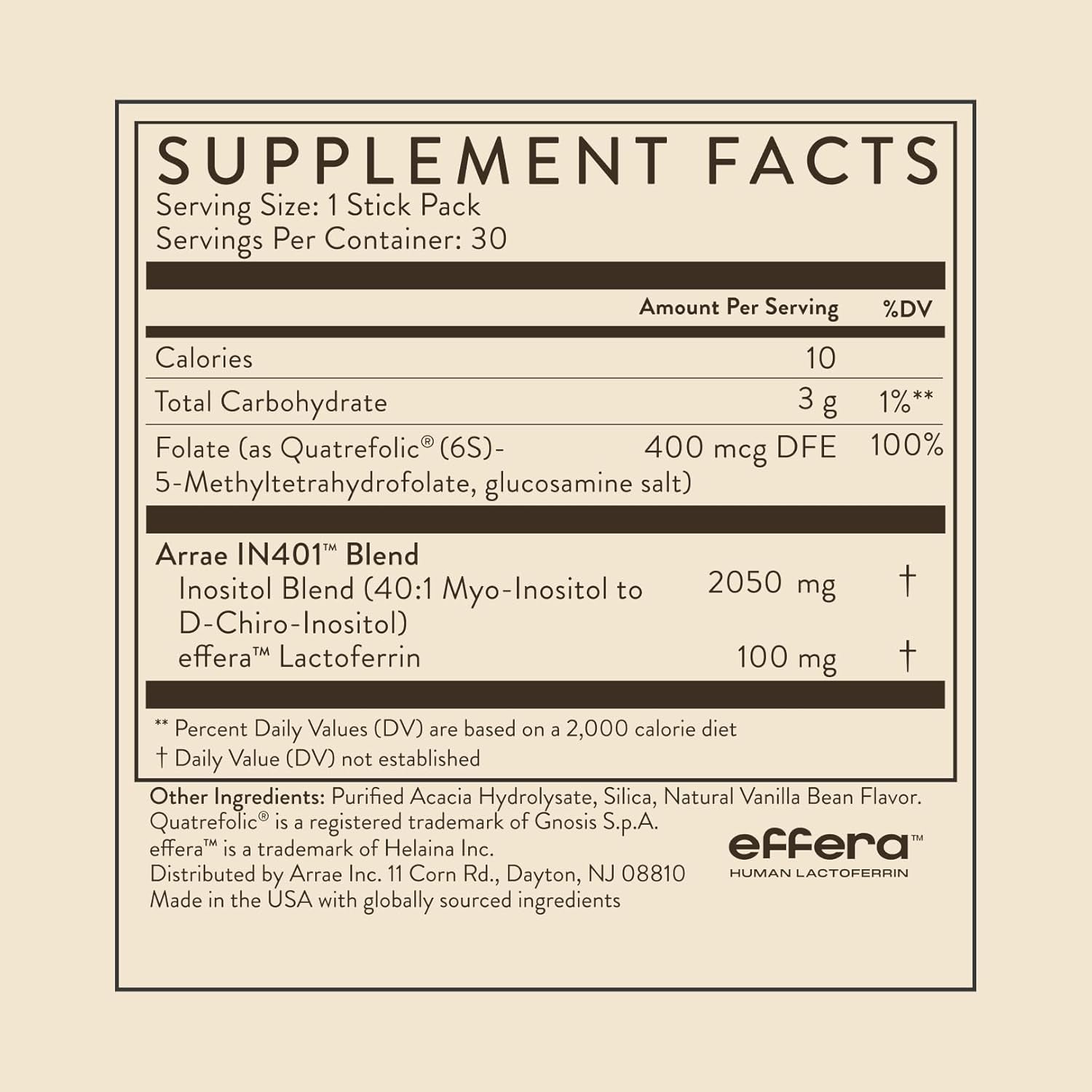 Inositol Supplement for Women - Supports Healthy Hormonal Balance, Regular Cycles, & Ovarian Health - 40:1 Myo & D-Chiro Raton with Lactoferrin & Folate - Vanilla Flavor - 30 Pack