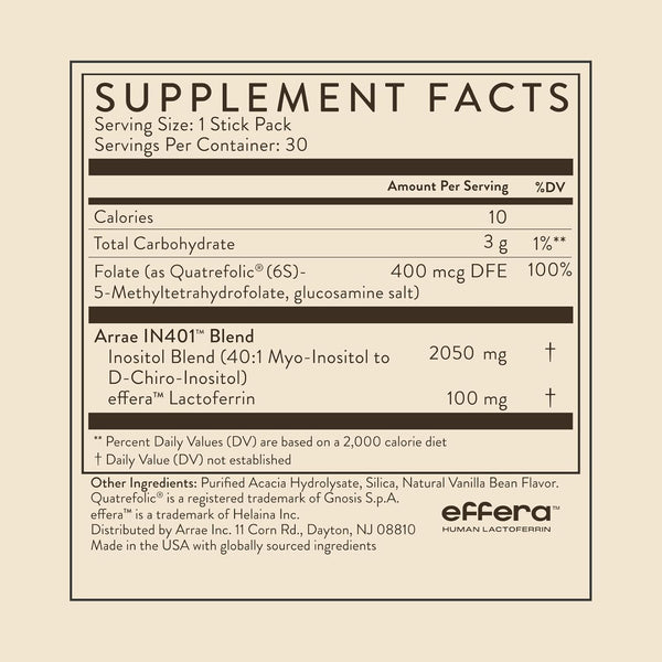 Inositol Supplement for Women - Supports Healthy Hormonal Balance, Regular Cycles, & Ovarian Health - 40:1 Myo & D-Chiro Raton with Lactoferrin & Folate - Vanilla Flavor - 30 Pack