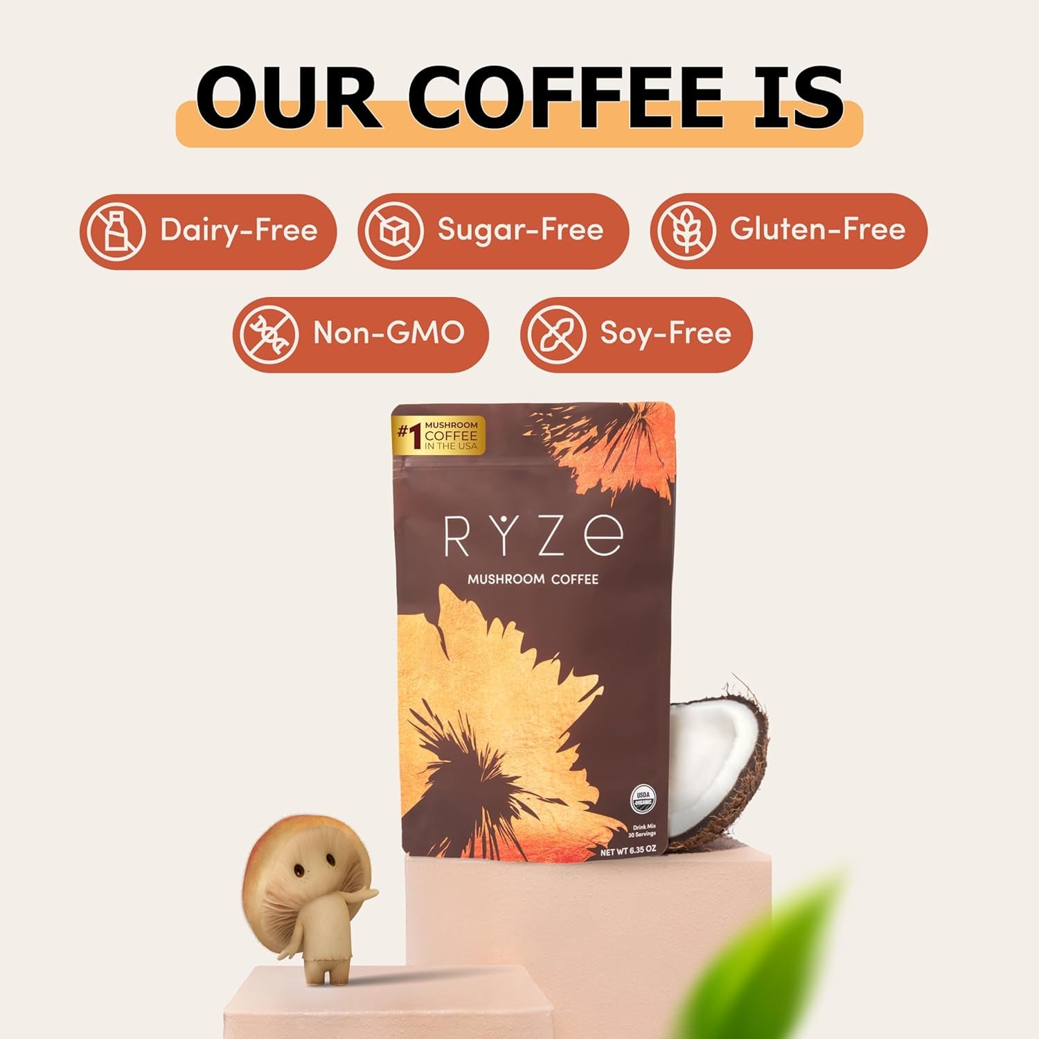 RYZE Superfoods Mushroom Coffee – 180g, 30 Servings | Adaptogenic Energy, Focus & Immunity Support