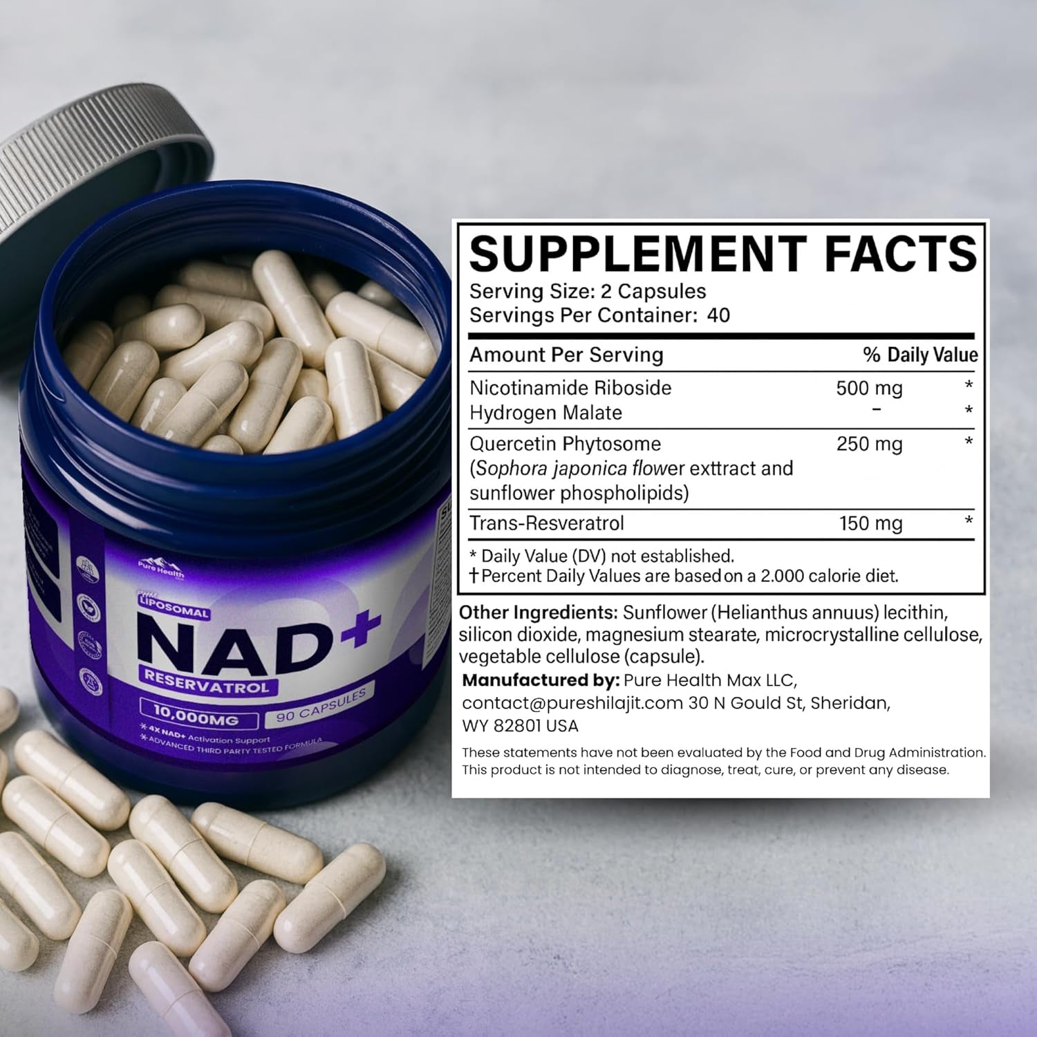 PHM NAD Resveratrol Supplement - 10,000MG Extra Strength | NAD+ Liposomal Supplements for Men and Women | NMN & NMNH Alternative | 90 Capsules, 3 Months Supply