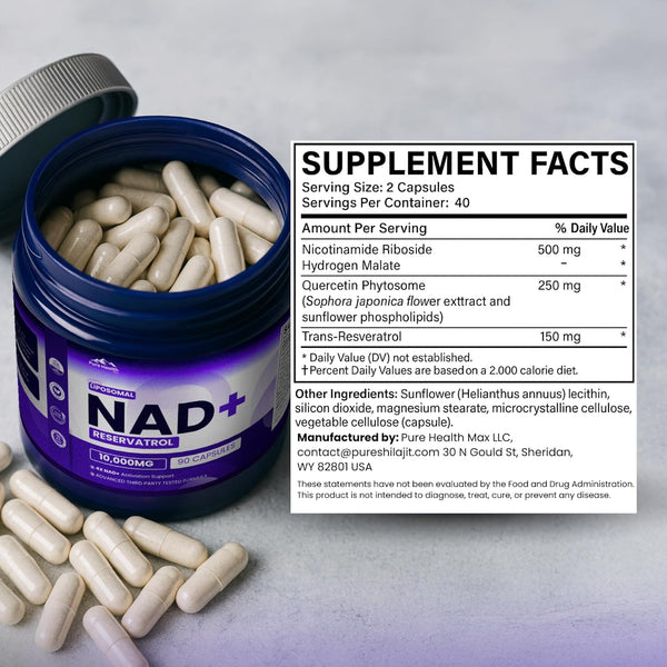 PHM NAD Resveratrol Supplement - 10,000MG Extra Strength | NAD+ Liposomal Supplements for Men and Women | NMN & NMNH Alternative | 90 Capsules, 3 Months Supply