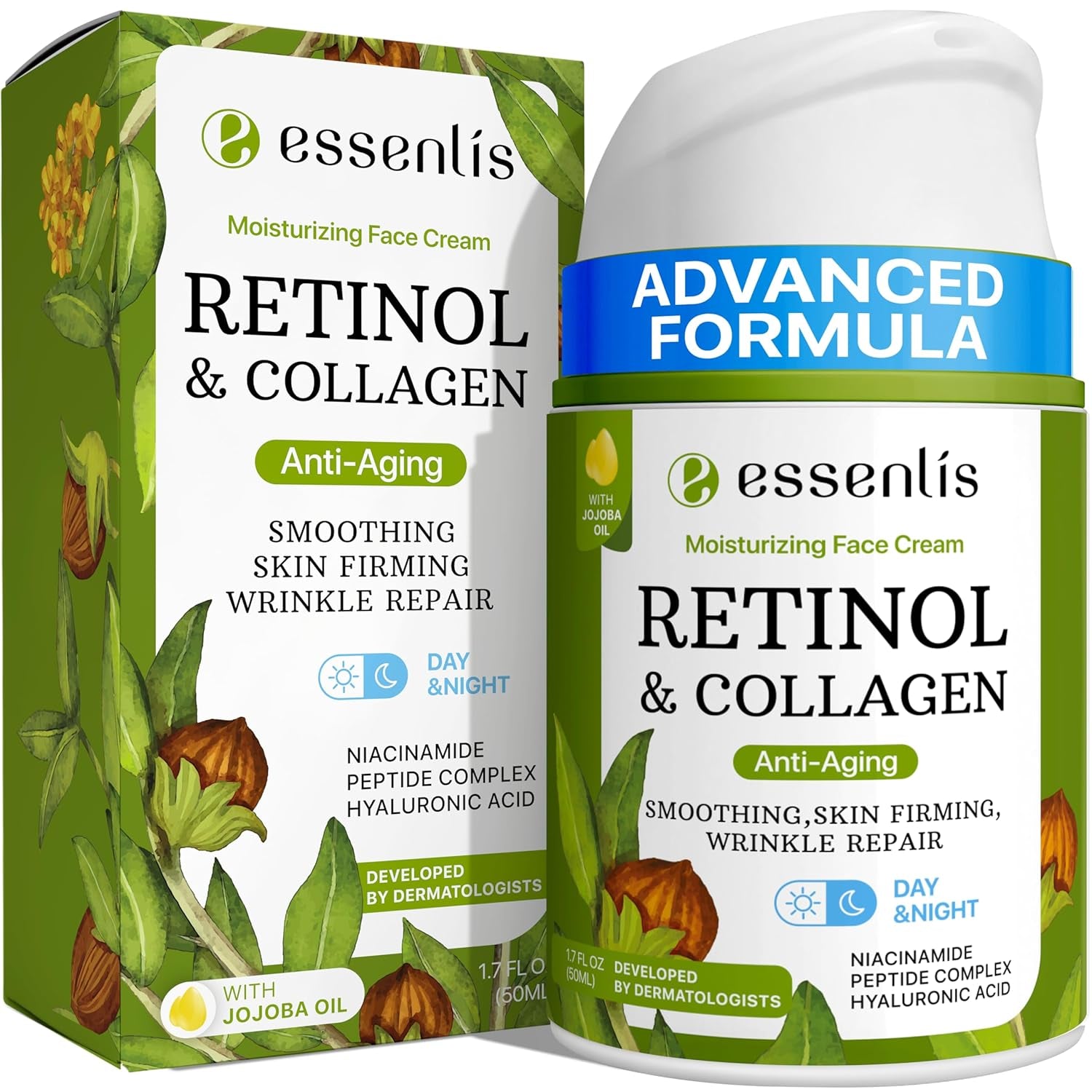 ESSENLIS Retinol & Collagen Anti-Aging Moisturizing Face Cream – 50ml | Firming, Wrinkle Repair & Deep Hydration