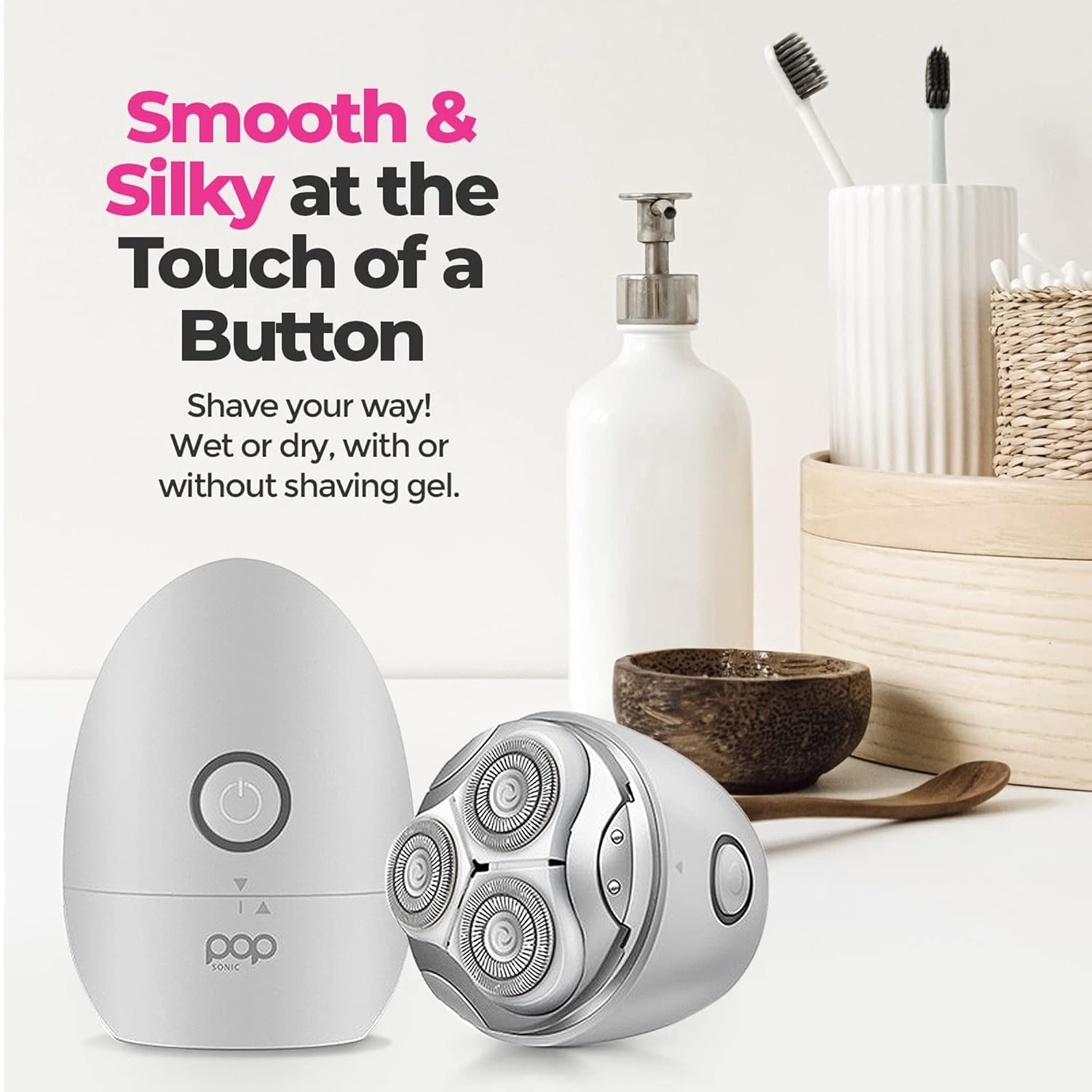 Pop Sonic Moon Shaver (Silver) | 3-Head Rechargeable Face & Body Shaver for Smooth, Silky Skin Anywhere