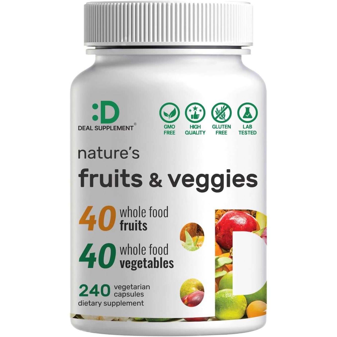 Nature’S Fruits & Veggies Supplement, 240 Veggie Capsules – 80 Whole Food Superfoods for Daily Balance – 40 Fruits with 40 Vegetables and Greens – Non-Gmo, Gluten Free