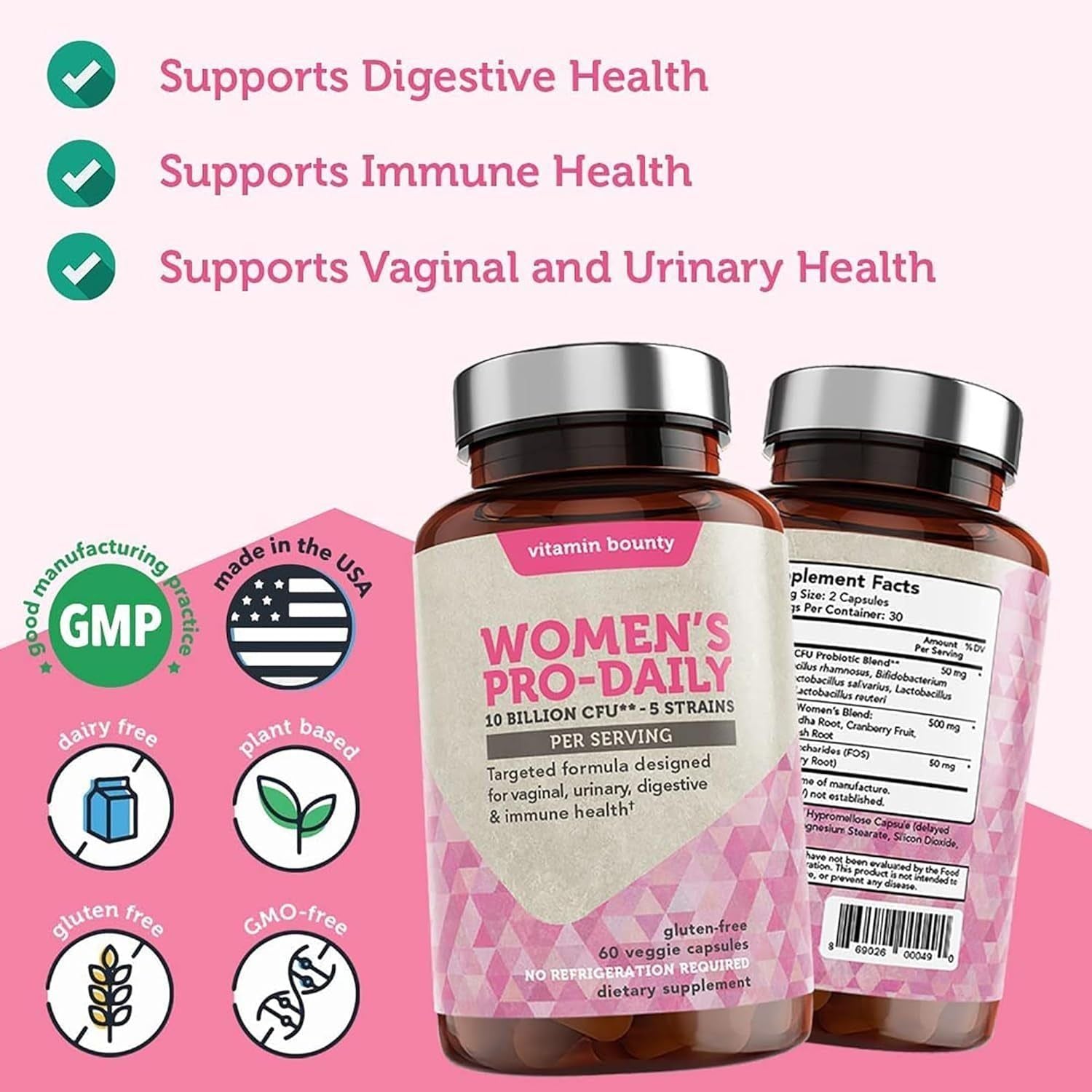 Women'S Pro-Daily Probiotic - 10 Billion Cfus, and 5 Strains, Help Vaginal & Digestive Health, Vaginal Probiotic & Prebiotic & Ph Balance, Cranberry, Gluten-Free - 60 Capsules