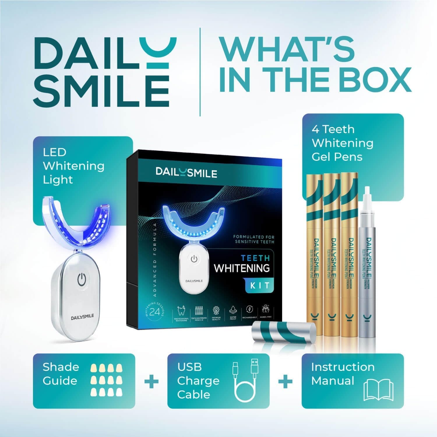 Dailysmile Teeth Whitening Kit with LED - Formulated for Sensitive Teeth, Hands-Free, Waterproof LED Light and 4 Gel Pens, Instant Results