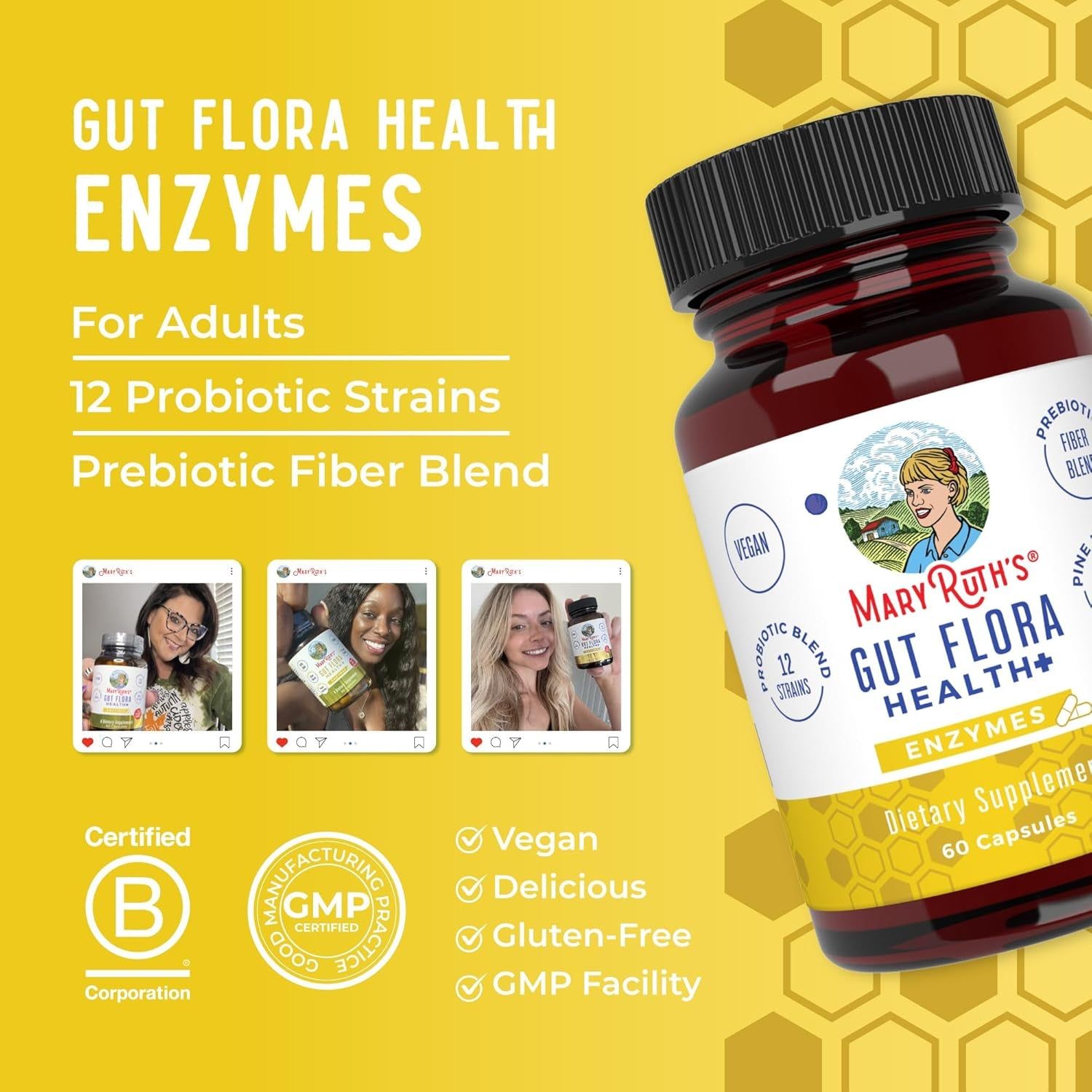 MaryRuth Organics Gut Flora Health+ Enzymes – 60 Capsules | Probiotic, Prebiotic & Enzyme Blend for Digestive Support