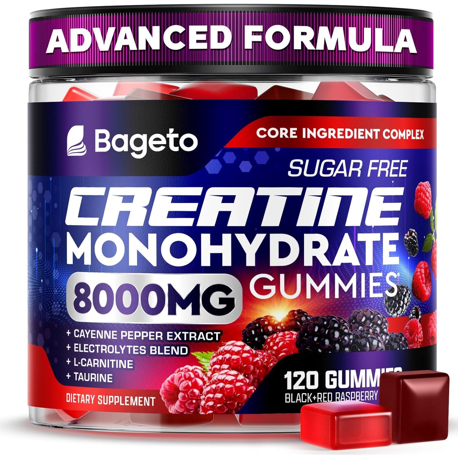 Bageto Creatine Monohydrate Gummies Complex – 120 Gummies (BlackBerry & Raspberry) | Sugar-Free Creatine + Taurine & Electrolytes for Strength, Recovery & Energy